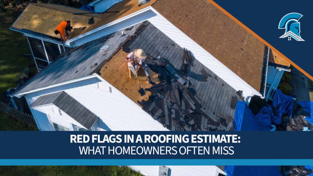Aerial view of roofers tearing shingles off a residential roof with a Roof Maxx branded title overlay reading Red Flags in a Roofing Estimate: What Homeowners Often Miss.