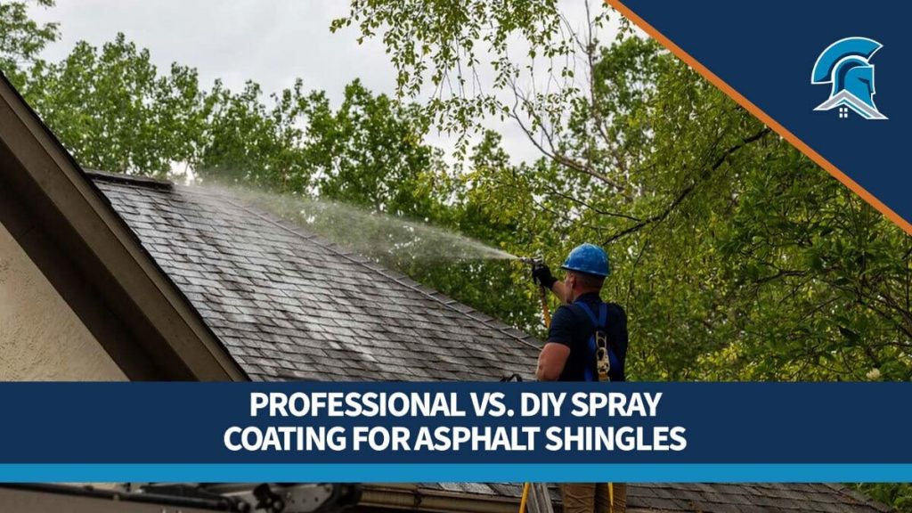 A Roof Maxx dealer in a blue hard hat sprays the treatment on a brown shingle roof.