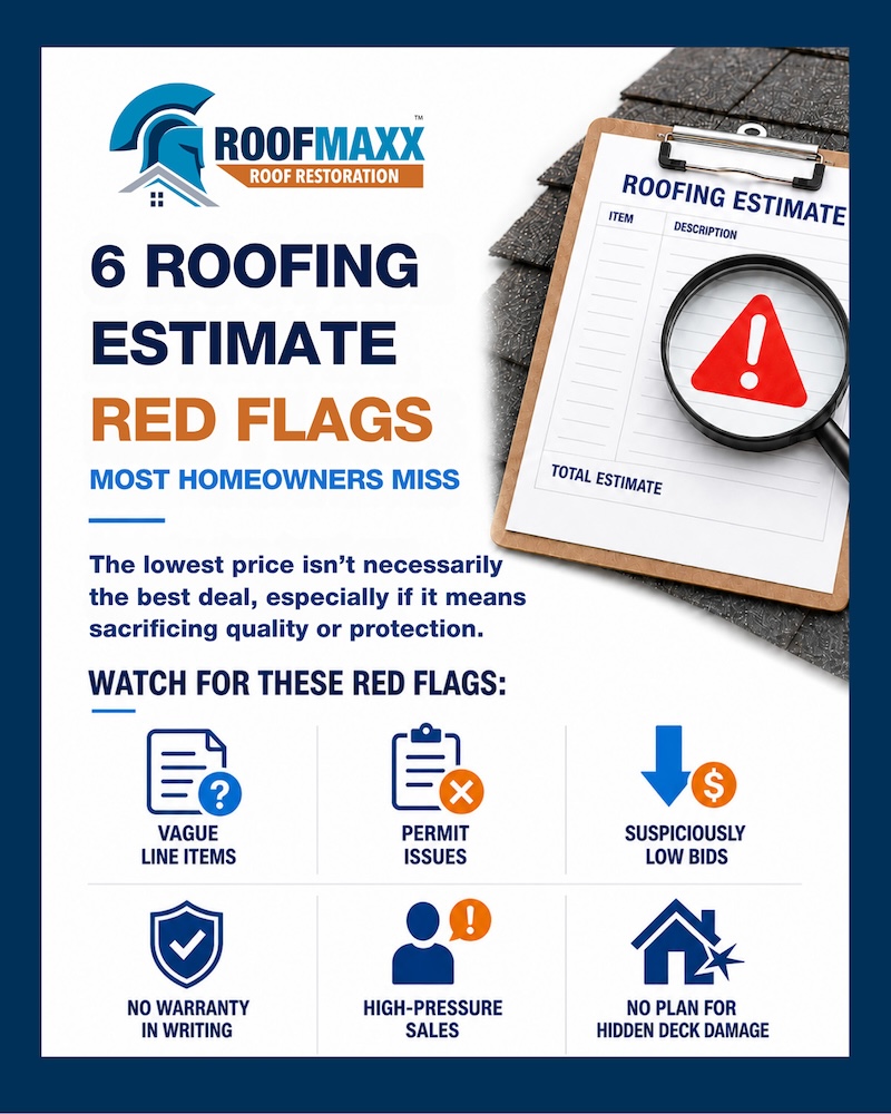 Infographic showing six common roofing estimate red flags, including vague line items and suspiciously low bids.