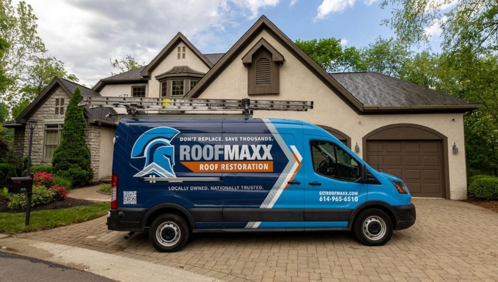 Blue and orange Roof Maxx van parked in front of a beige house.