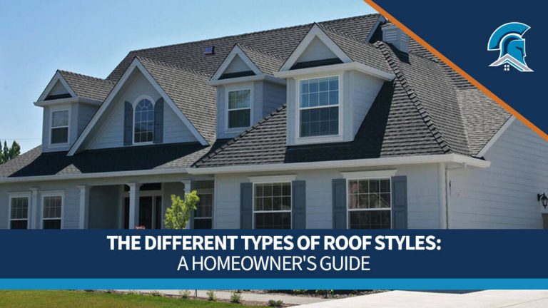 Banner image titled 'The Different Types of Roof Styles: A Homeowner's Guide' overlaid on a large white residential home with a complex shingle roof.