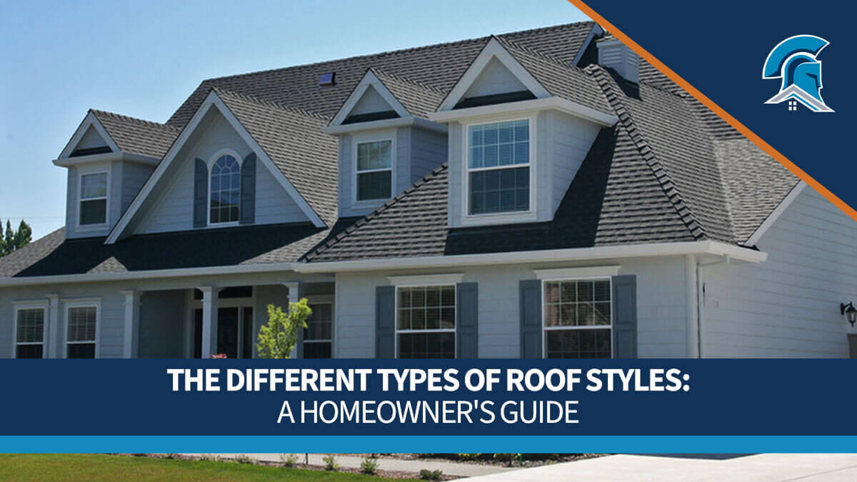 Banner image titled 'The Different Types of Roof Styles: A Homeowner's Guide' overlaid on a large white residential home with a complex shingle roof.