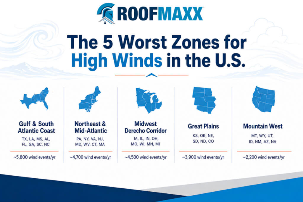 Infographic showing the top 5 high-risk wind zones in the US, including the Gulf & South Atlantic Coast, Northeast & Mid-Atlantic, Midwest Derecho Corridor, Great Plains, and Mountain West.