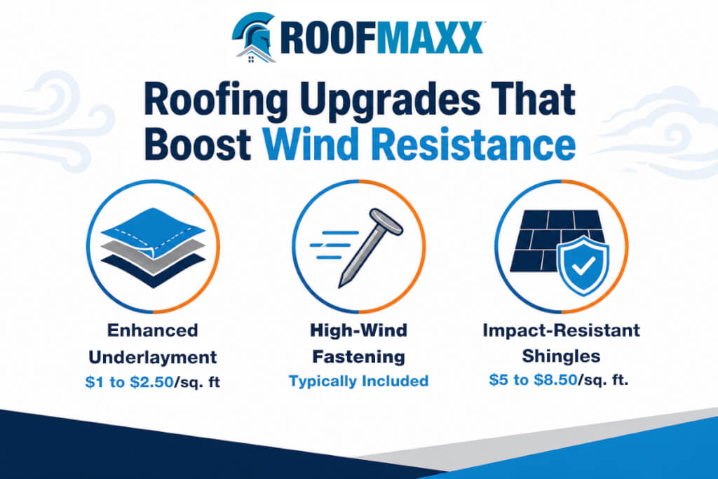 Infographic showing roofing upgrades that boost wind resistance, including enhanced underlayment, high-wind fastening,and impact-resistant shingles.