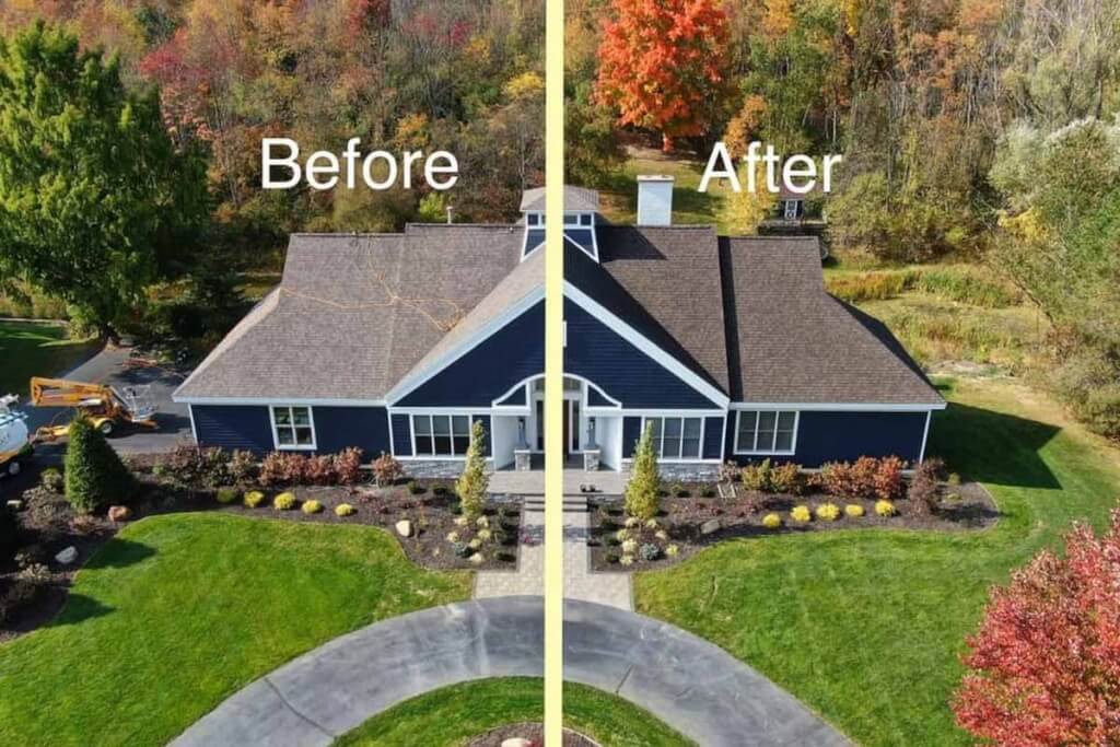 A split before and after aerial view of a large blue home showing the roof condition before and after Roof Maxx treatment.