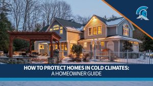 A snow-covered residential home in winter with a Roof Maxx homeowner guide title overlay reading How to Protect Homes in Cold Climates.