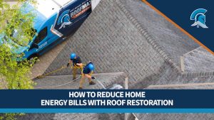 Two Roof Maxx dealers apply roof restoration treatment from an aerial view with a branded van visible nearby.