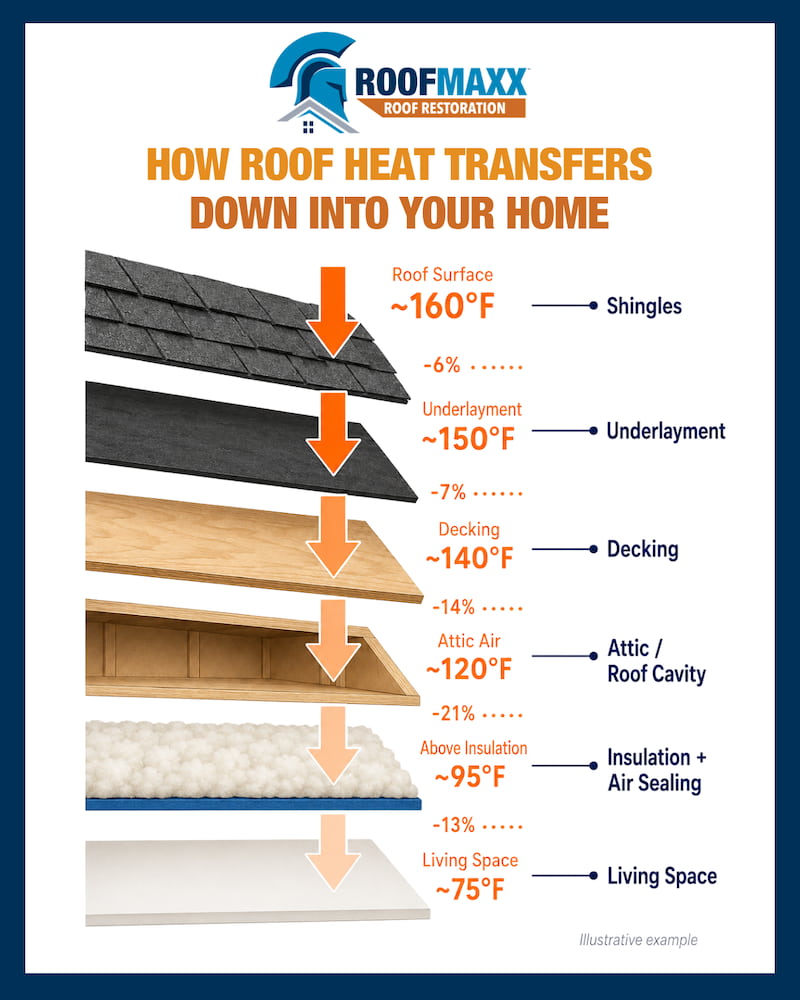 Infographic showing how heat transfers from the surface of the roof down into the home.