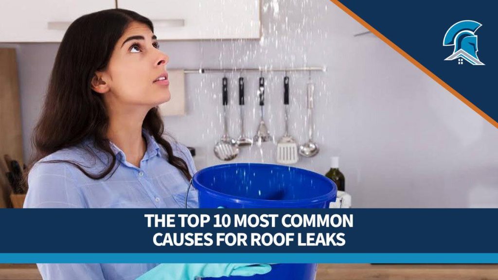 Woman holding a bucket under a leaking in ceiling with Roof Maxx logo and "10 Most Common Causes for Roof Leaks" title overlay.
