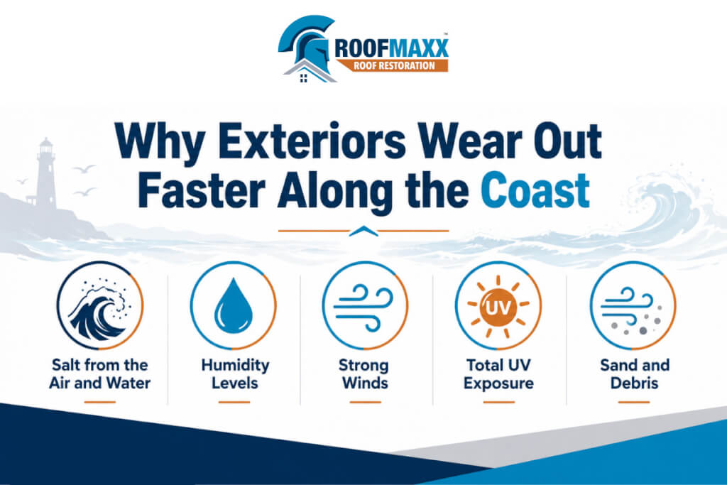 Roof Maxx infographic showing five reasons why exteriors wear out faster along the coast, including salt, humidity, wind, UV exposure, and sand and debris.