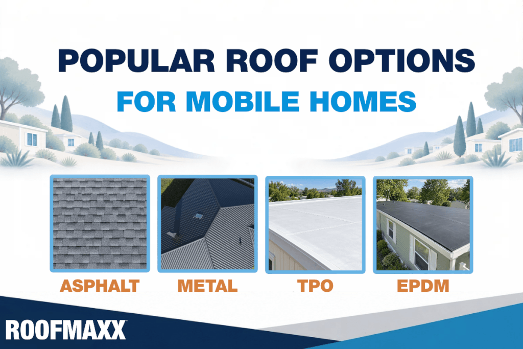 Infographic showing the four most popular roof types for mobile homes, including asphalt, metal, TPO, and EPDM
