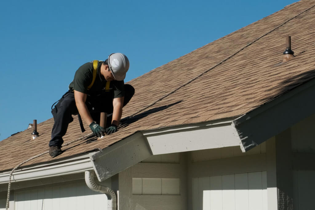 Roofer inspecting a plumbing vent in an asphalt shingle roof.
