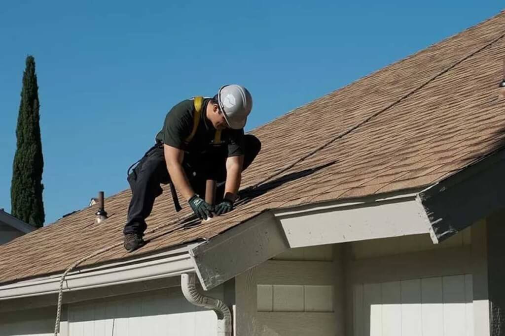 A roofing professional inspects the asphalt shingle roof of a residential home.