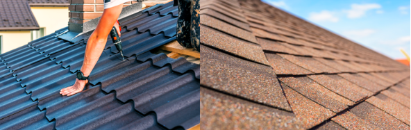 side by side photo of metal roofing and asphalt roof.
