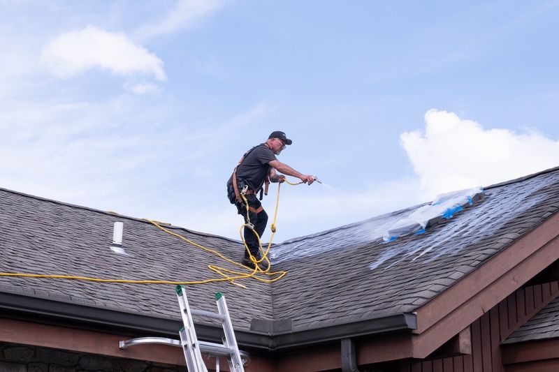 Professional spraying Roof Maxx treatment on shingles