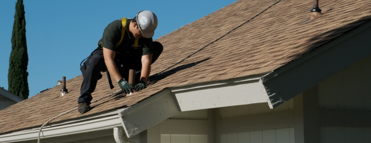 A roofer completes a roof inspection on a residential asphalt shingle roof.