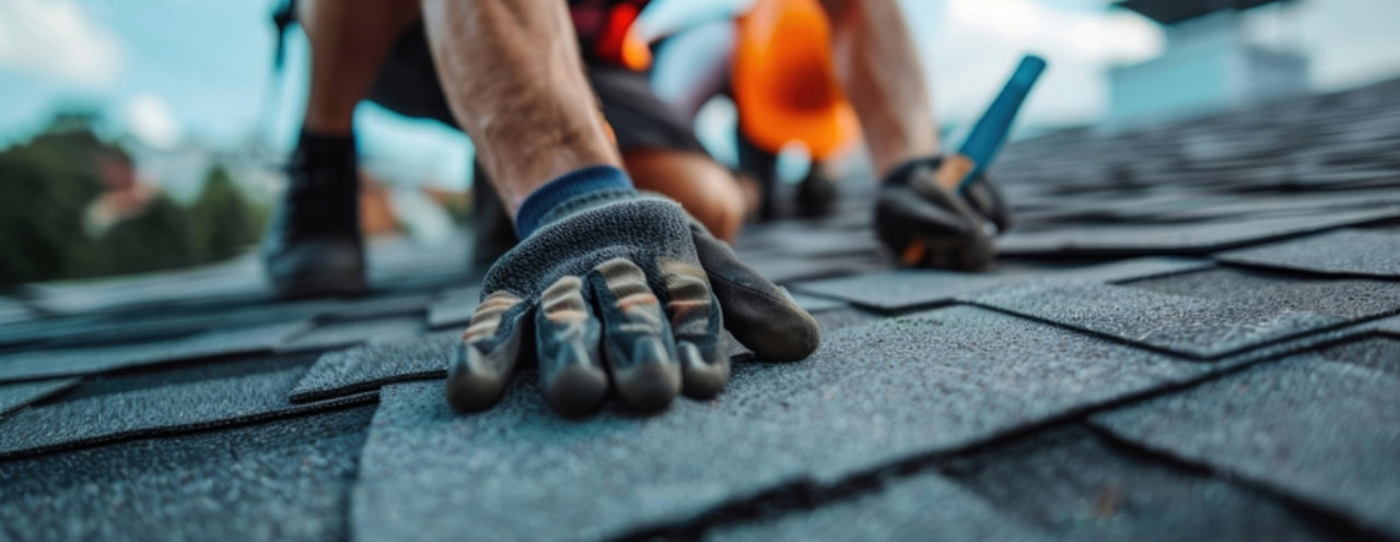 A roofer inspects the surface of an asphalt shingle roof to plan roof maintenance.