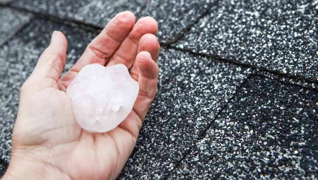 Man holding a large ball of hail in his hand over a shingle roof.