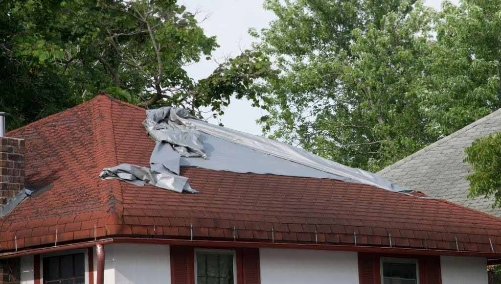 A red asphalt shingle roof partially covered by tarp because of a leak.