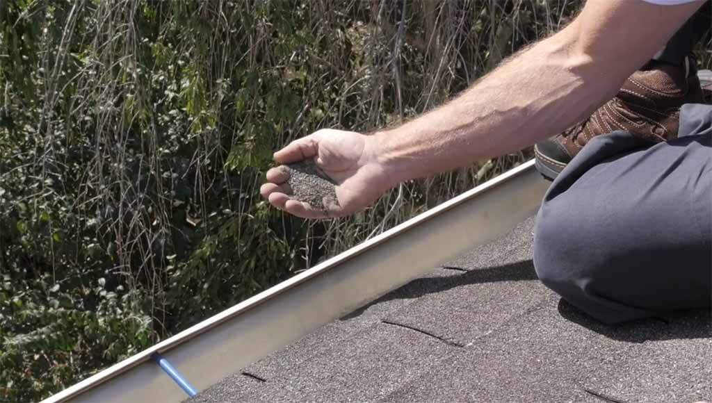 Roofer showing granule loss piling up in the gutter.